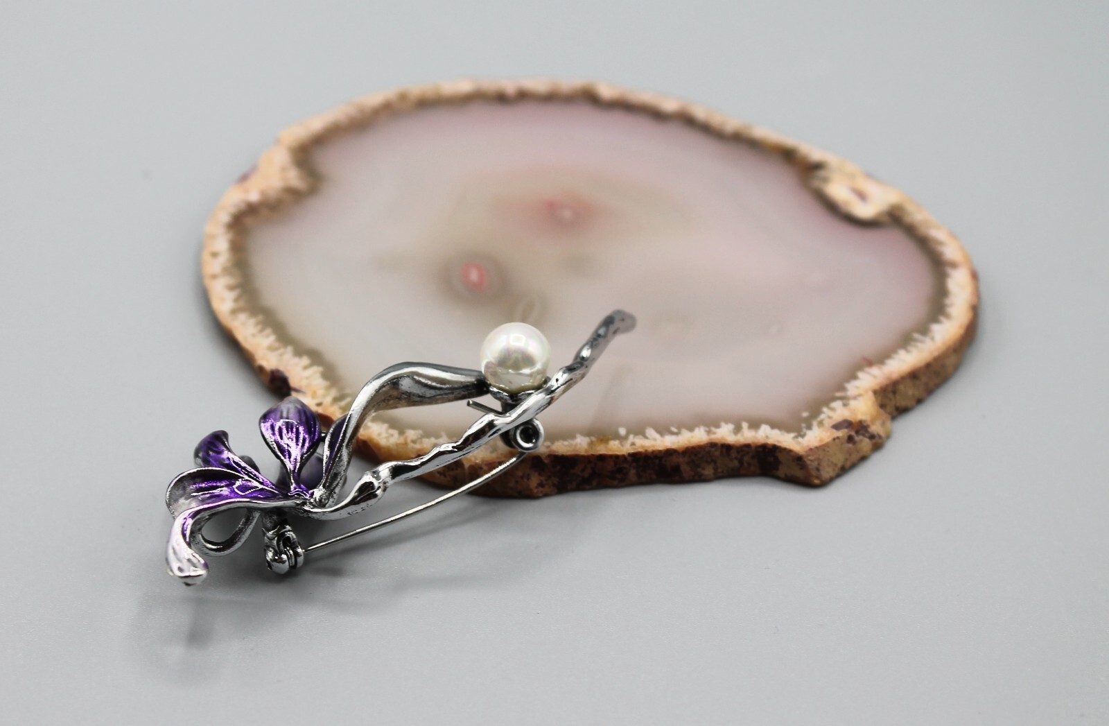 Lotus flower pin brooch jewelry fashion pearl purple silver tone elegant