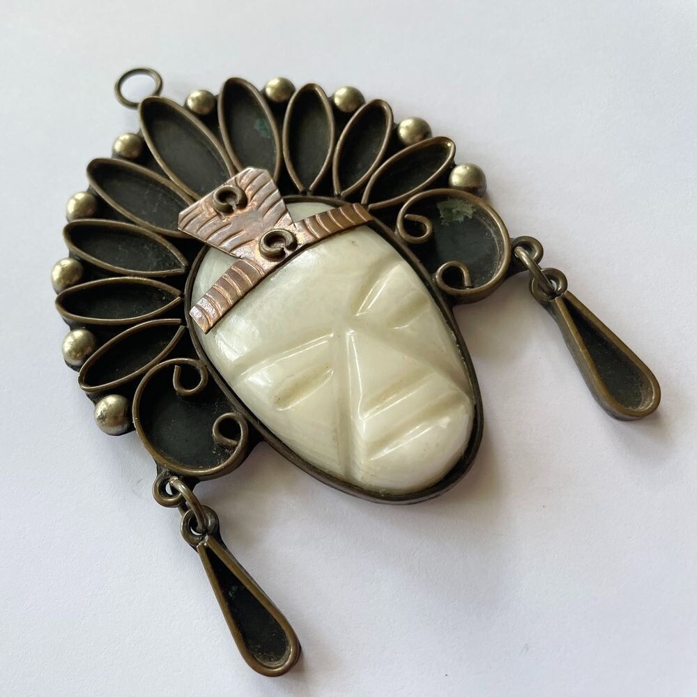 Large Vintage Mexican Carved White Onyx Aztec Warrior Pendant Copper Brass