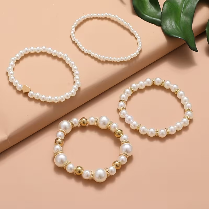 Set of 4 Imitation Crystal and Pearl Beaded Elastic Bracelets 7-8 inch