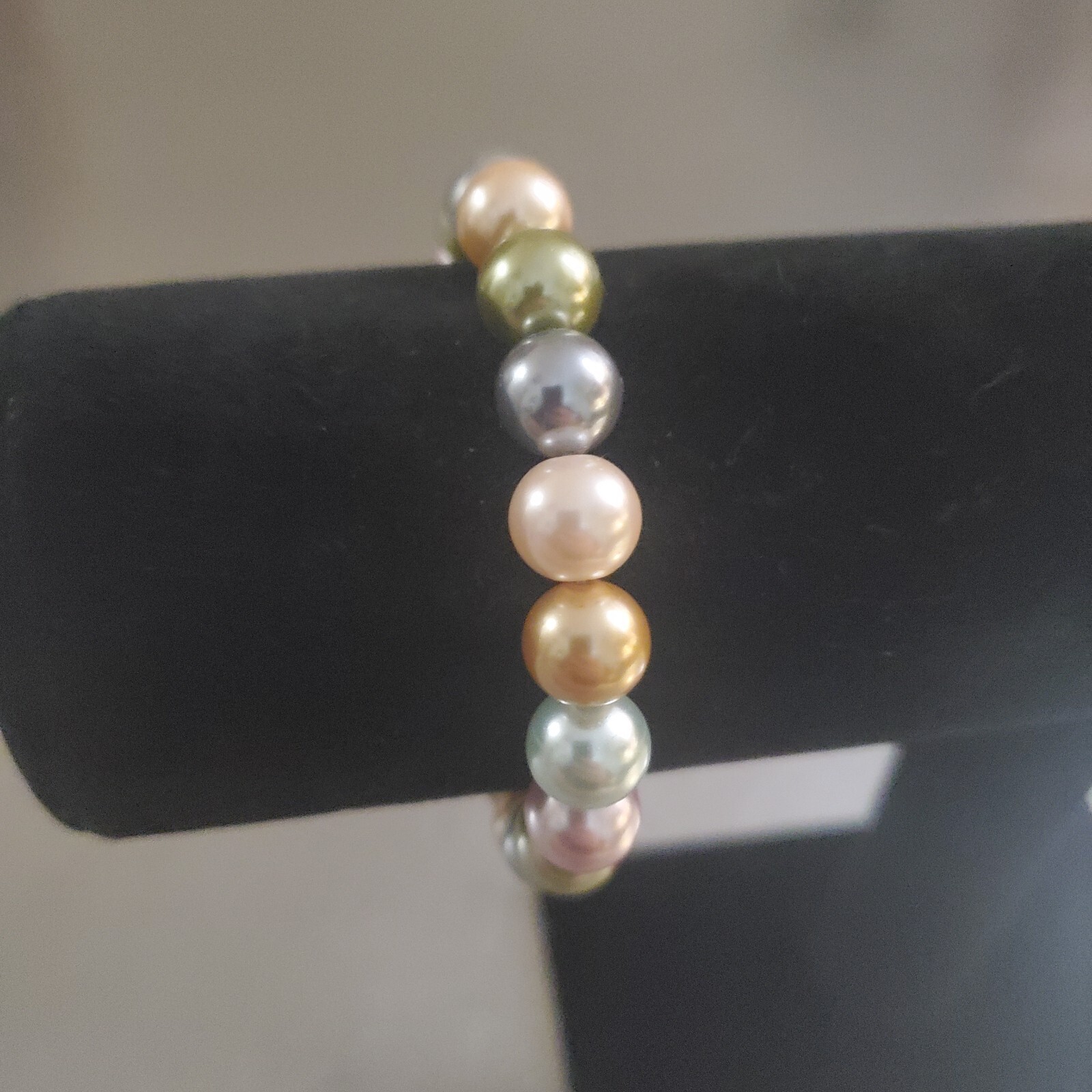 Vintage Bracelet Faux Pearl Multicolor Beaded Round Blue Green Pink Copper 6.75″