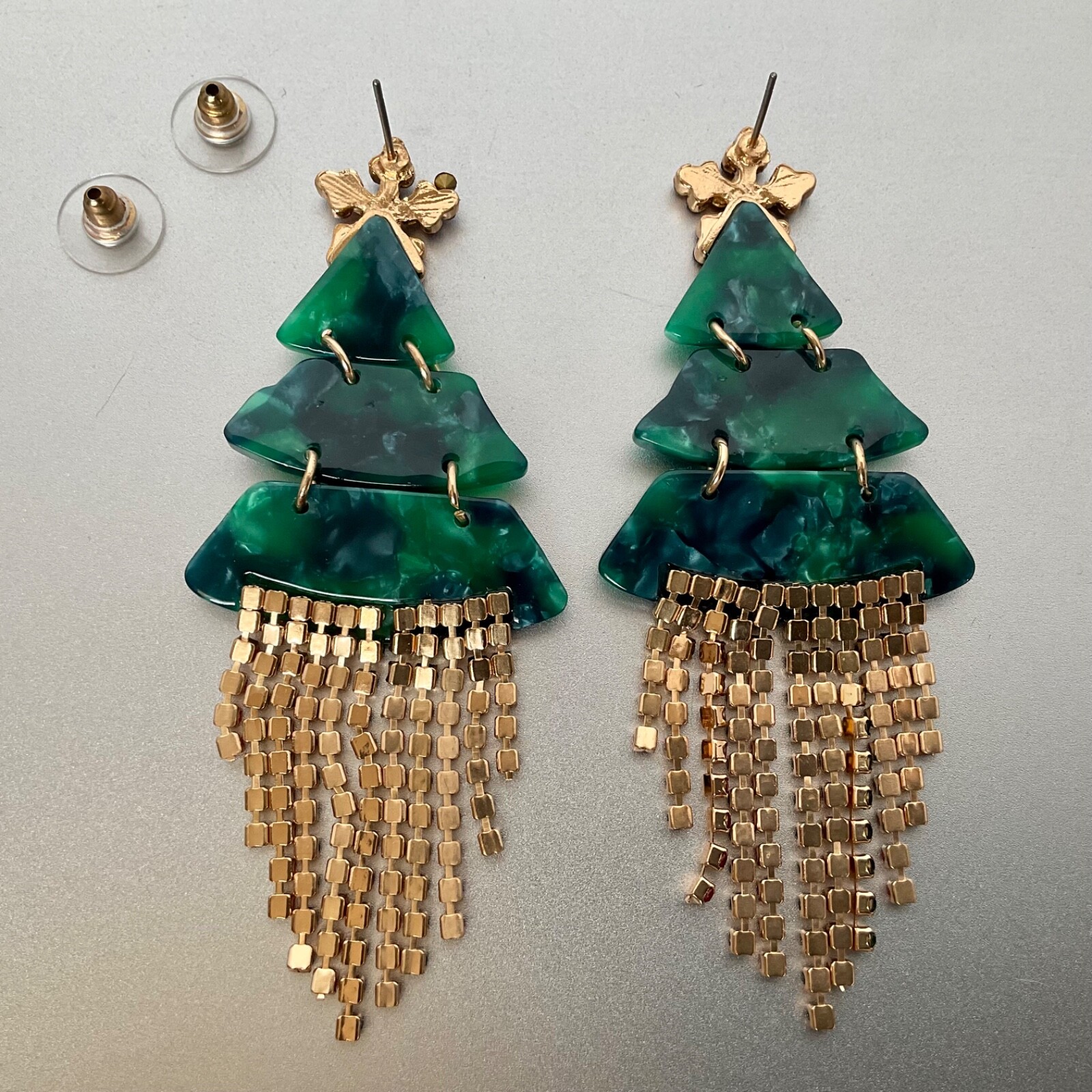 NOIR Funky Statement Christmas Tree Dangle Earrings Acrylic & Rhinestones