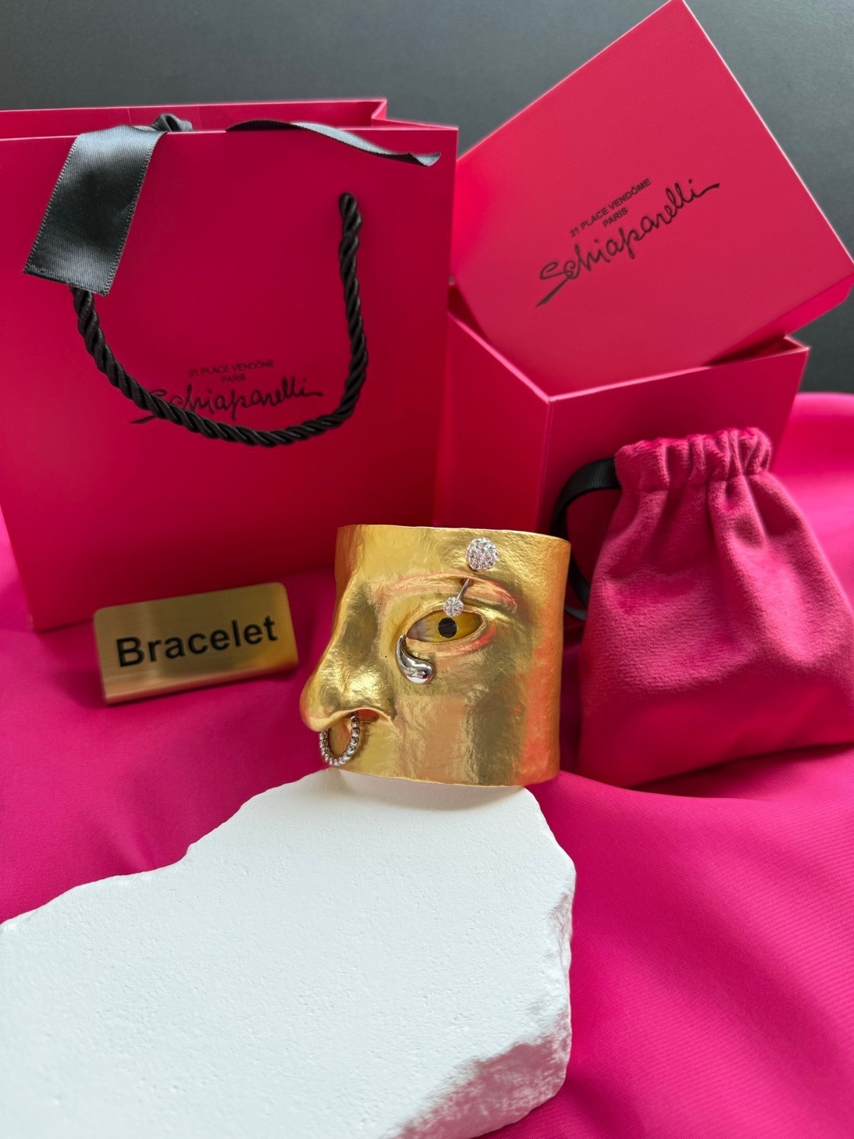 Schiaparelli Gold Surrealist Face Cuff Bracelet. With Box and Dust Bag