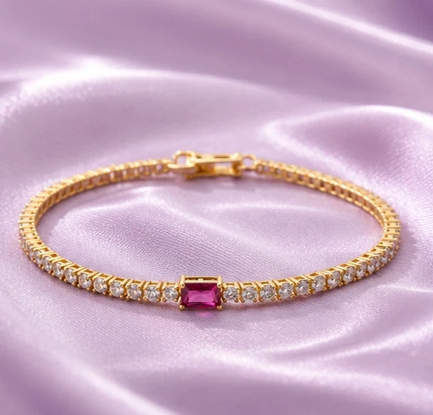 10 Ct Emerald Cut Simulated Pink Sapphire Tennis Bracelet 14K Yellow Gold Plated