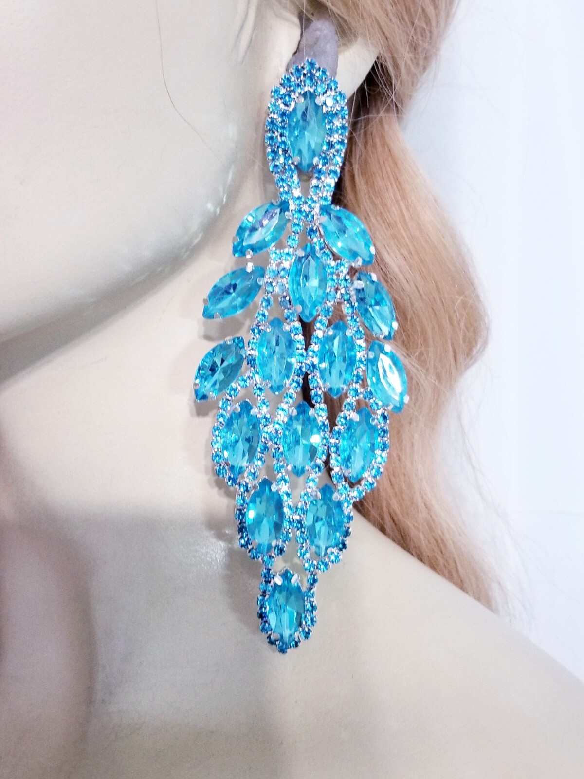 PIERCED Drop Dangle Chandelier Earrings 5.4 inch Aqua Rhinestone Pageant Prom