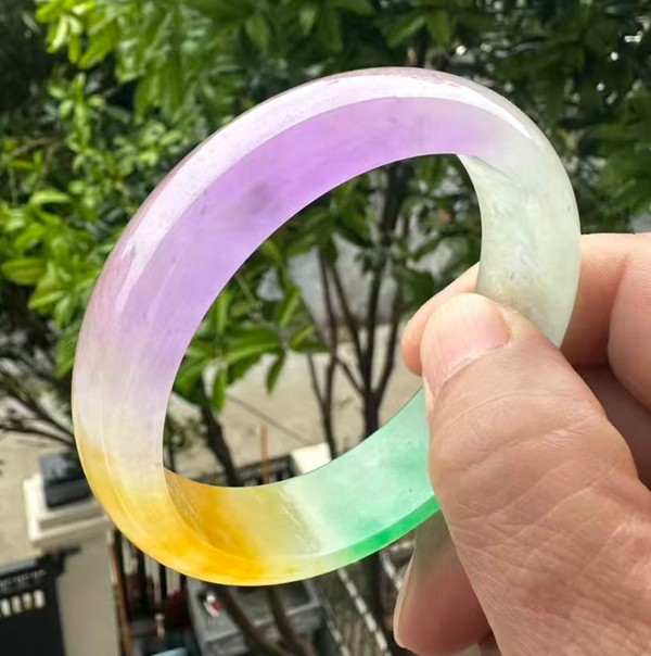 Natural Grade A Jadeite Bangle Tri-Color Green Lavender Yellow Burmese Jade 59mm
