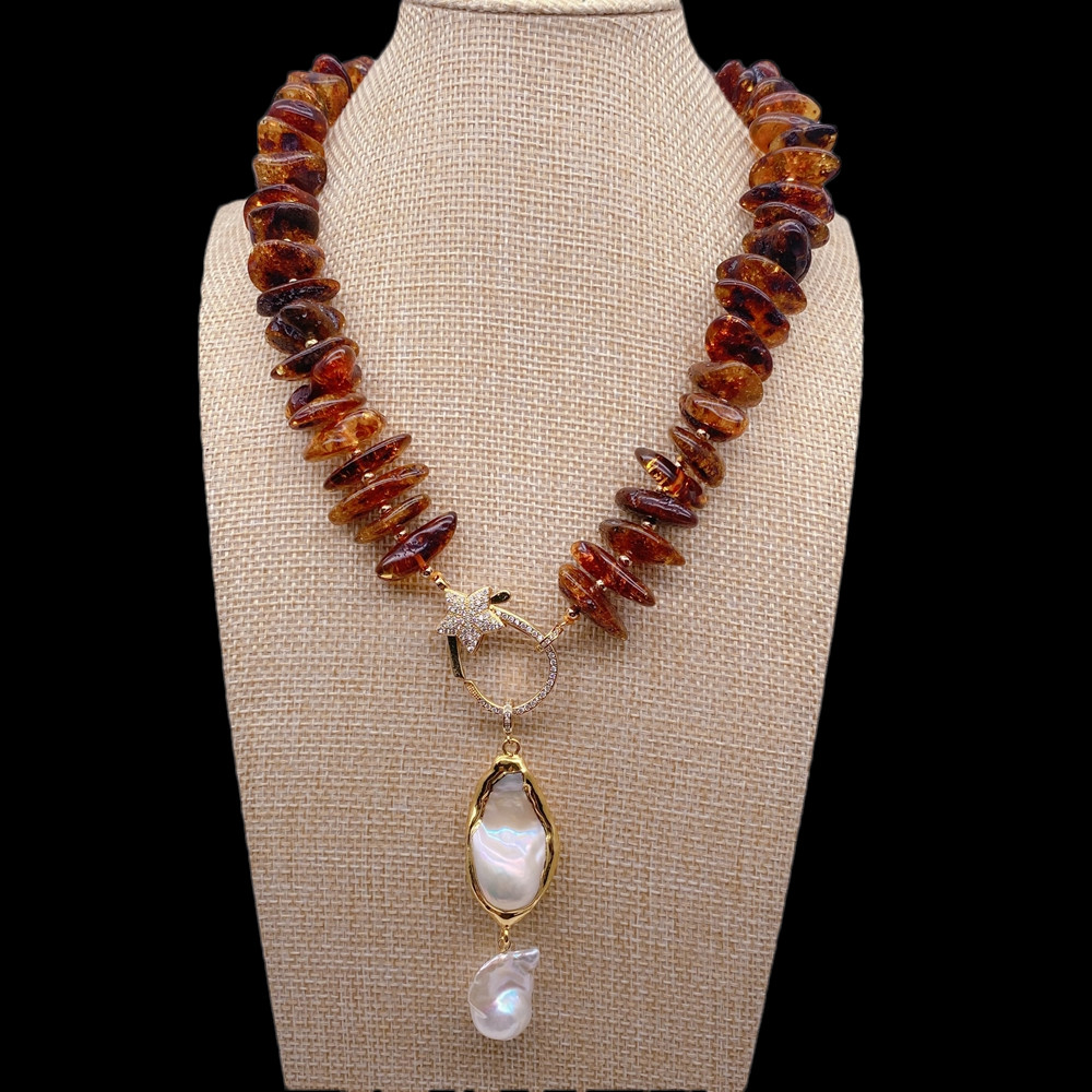 Natural Amber Necklace Cultured White Baroque Pearl Pendant