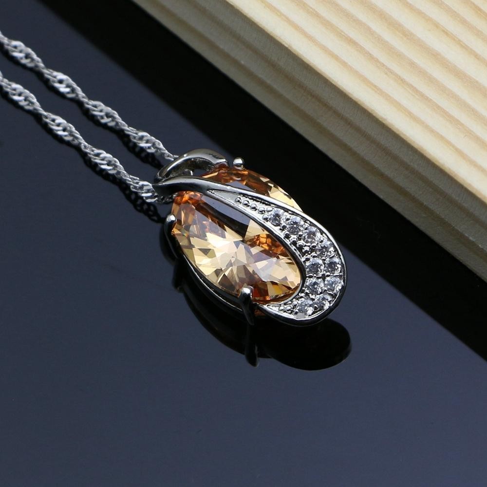 925 Silver Champagne Zircon Bridal Jewelry Set Necklace Earrings Ring Bracelet