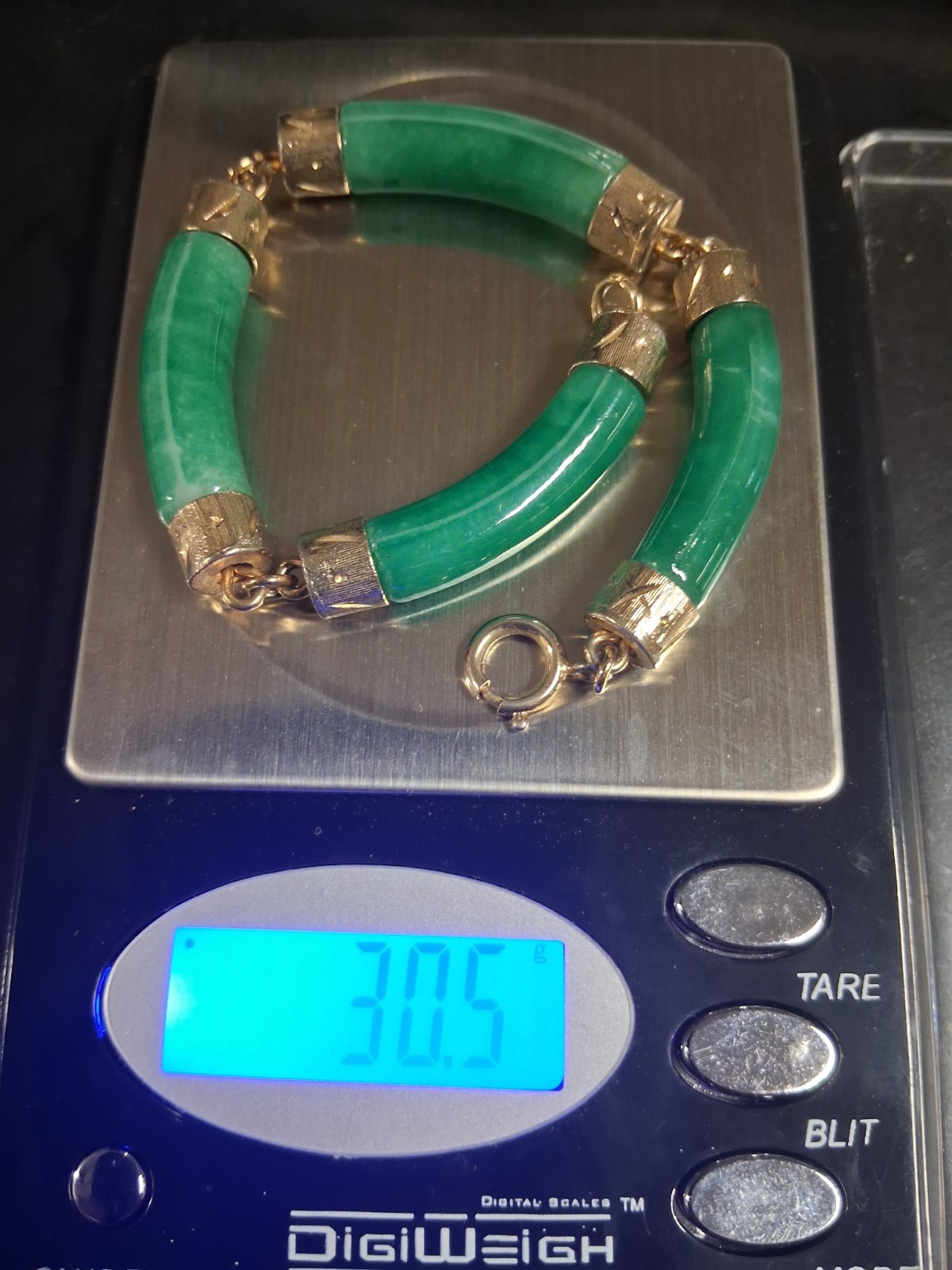 Green Jade Bar Bracelet Gold-Tone Spacers Spring Ring Clasp 8 in