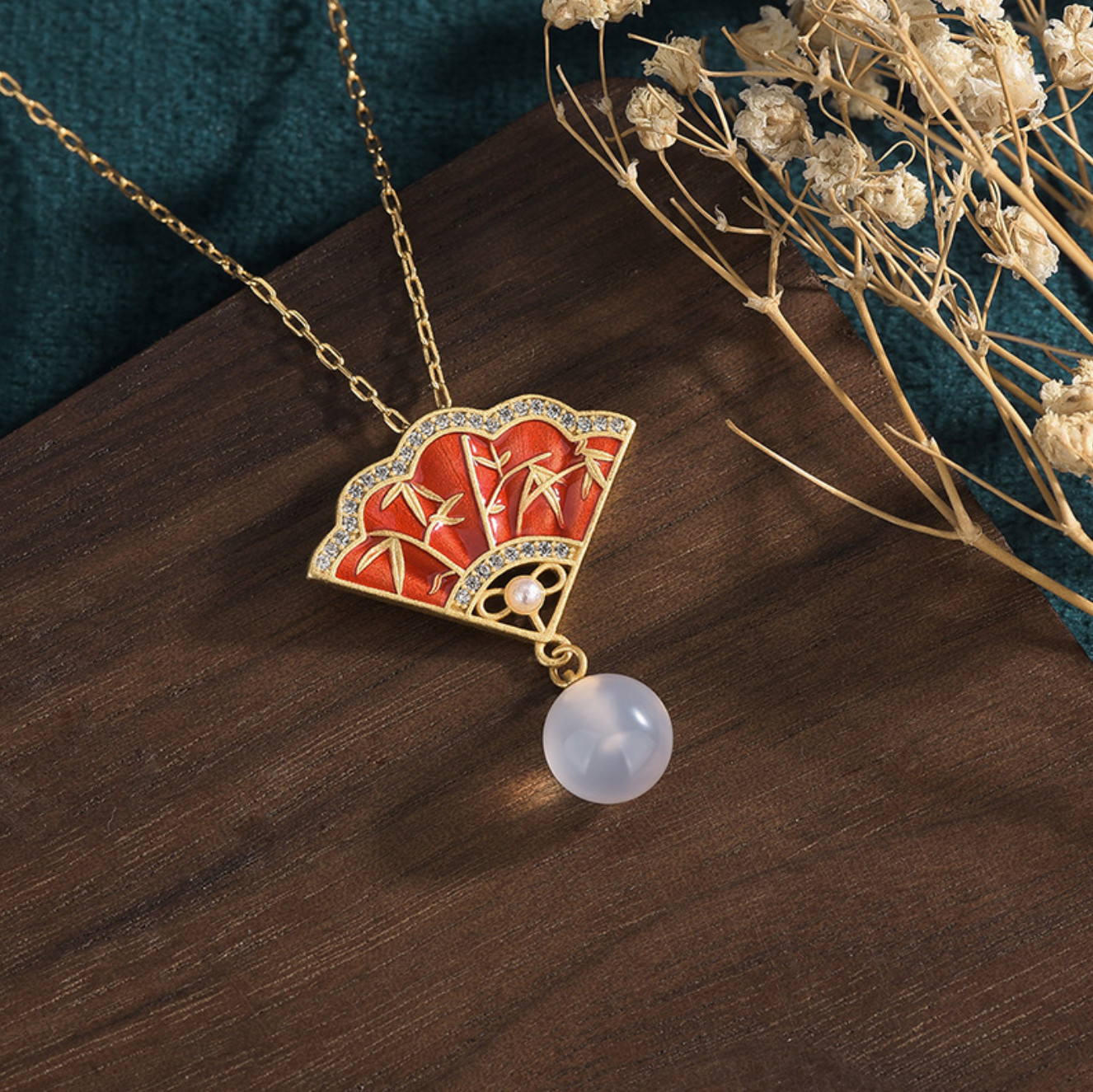 1.2″Jade Jewelry Cloisonne Fan Charm Pendant with Chain Necklace 18K Gold Plated
