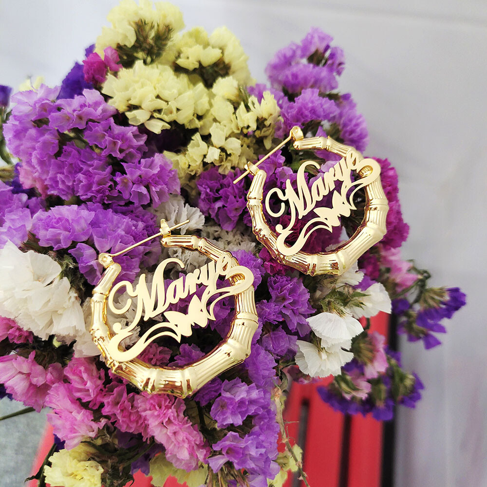 Personalized Underline Butterfly Hoop Any Name Earrings Stainless Steel Jewelry