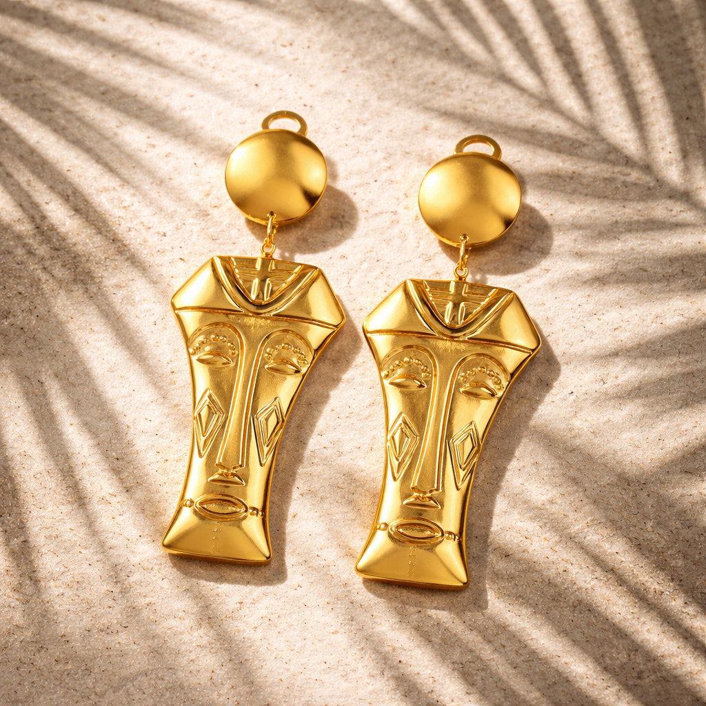 Vintage Gold Abstract Face Mask Statement Earrings