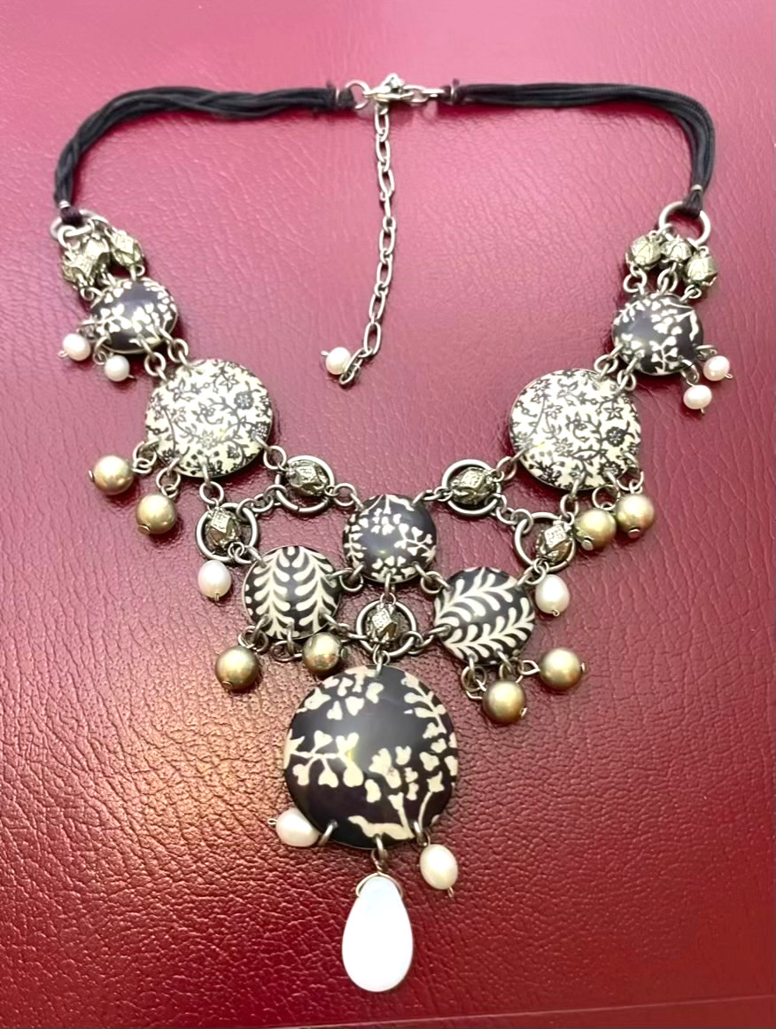 Unique Black & White Statement Necklace Layered Baroque Pearl Floral Maximalist