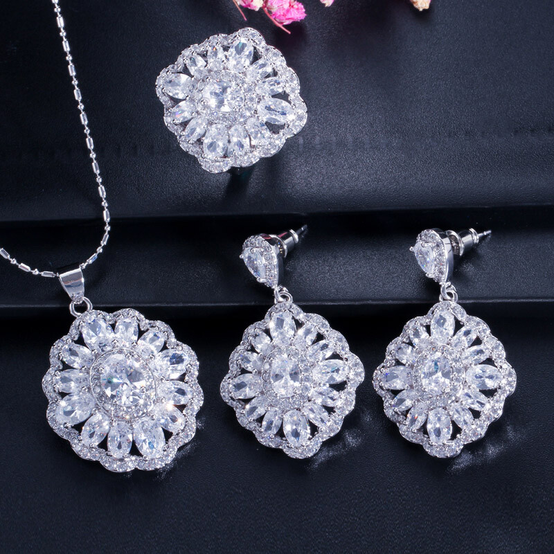Colorful Pendant Necklace Earrings Ring Silver Plated Women CZ Party Jewelry Set