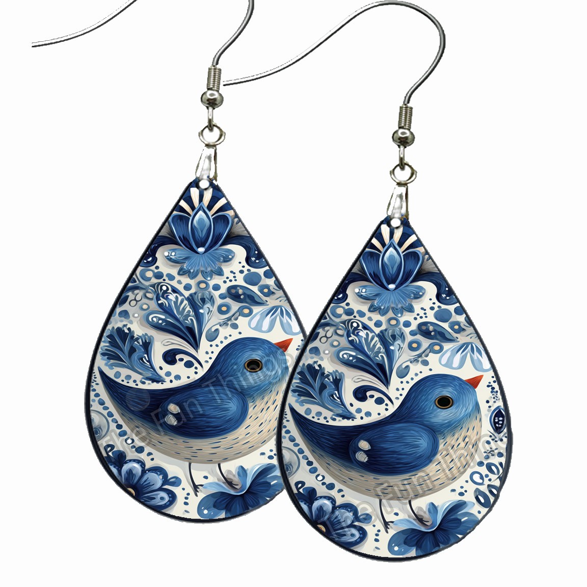 Folk Art Print Blue Bird Earrings Teardrop Dangle Wood Fashion Jewelry Gifts