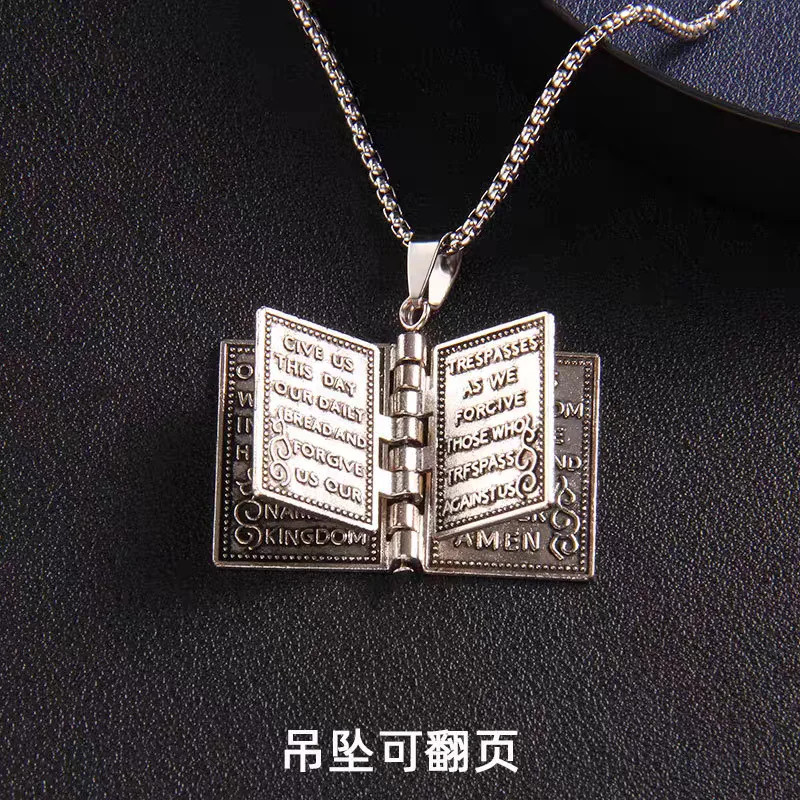 Gothic Style Religious Bible Men’s Necklace Alloy Steel Vintage Flipped Bible