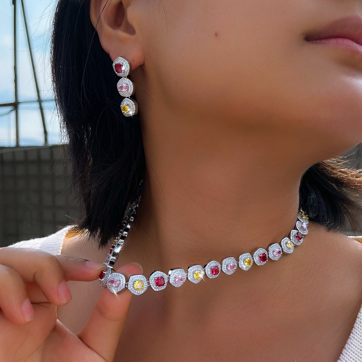 Silver Plated Geometric Zircon Hexagon Tennis Necklace Earring Party Jewelry Set