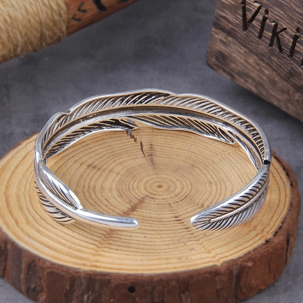 Retro Vintage Feather Cuff Bracelet Silver Alloy Steel Wrist Bangle Jewelry Gift