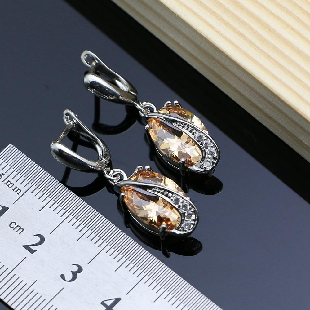 925 Silver Champagne Zircon Bridal Jewelry Set Necklace Earrings Ring Bracelet