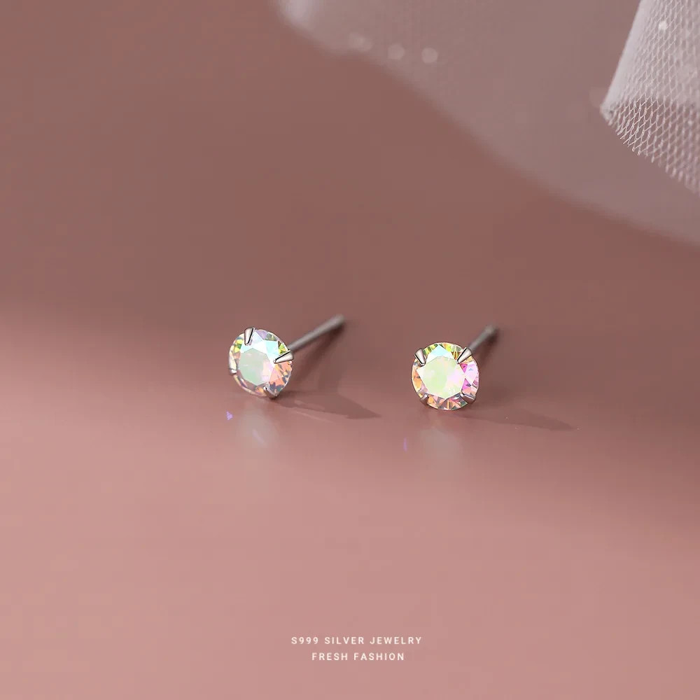 S925 Sterling Silver AB Crystal Round Stud Earrings Tiny Women Girls Jewellery