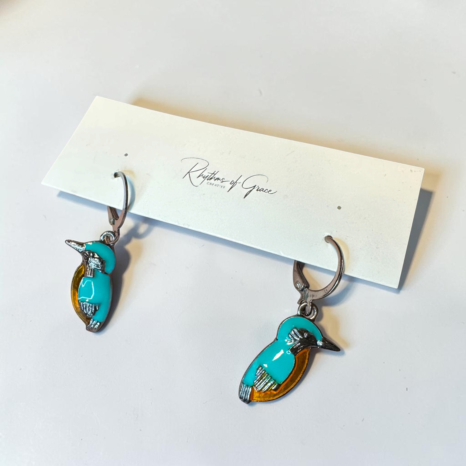 Kingfisher Bird Hoop Earrings Turquoise Enamel Silver Tone Cute Nature Wildlife