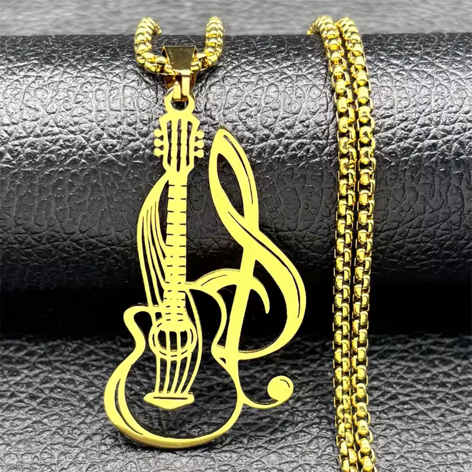 Guitar Necklace Gold PVD 316L Stainless Steel Music Bass Pendant Mens Womens