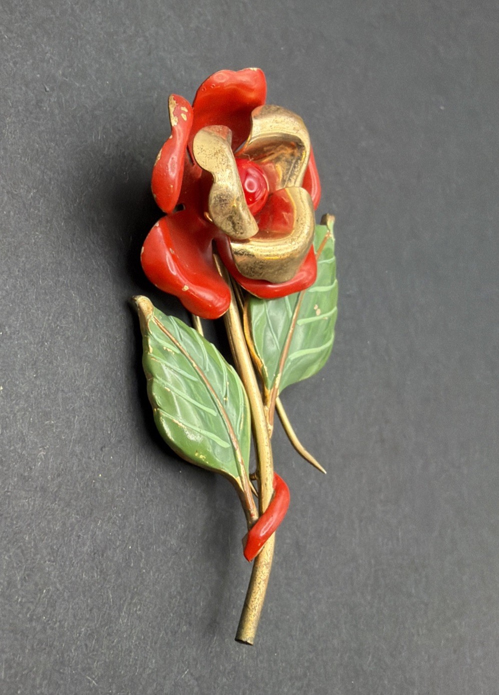 Vintage Crown Trifari Red Rose Green Enamel Set- Brooch & clip on earrings