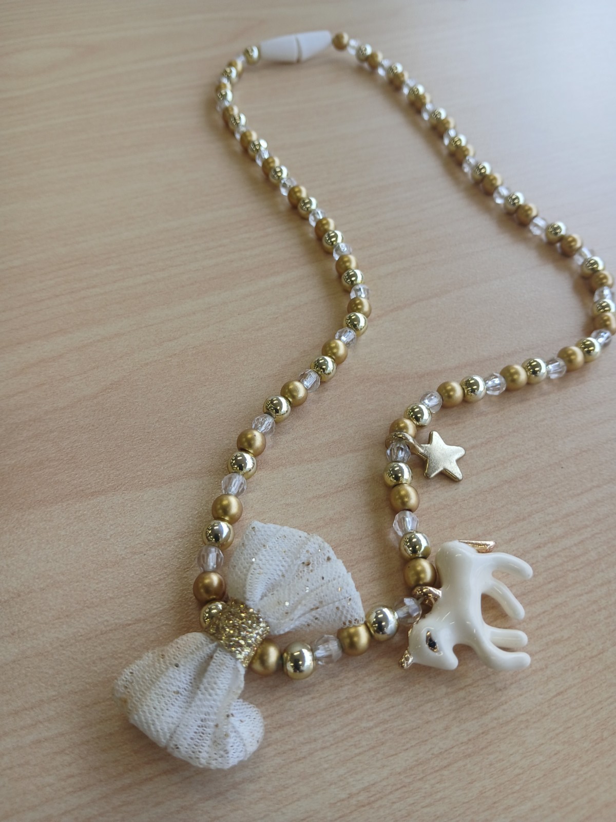 Gold & White Plastic Beaded Charm Necklace Ball/Bead Chain Bow Star Horse