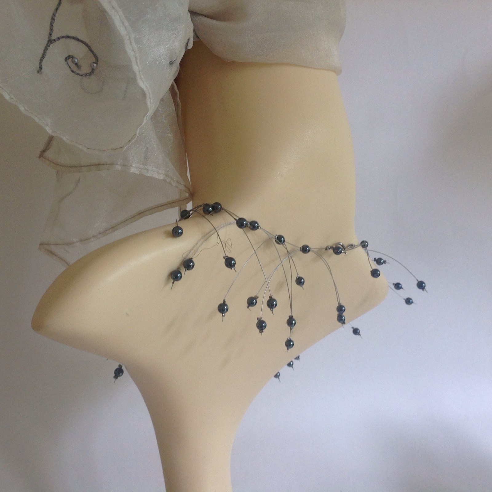 Handmade Delicate 16 Inch Necklace With Glass Pewter Beads And Steel Wire