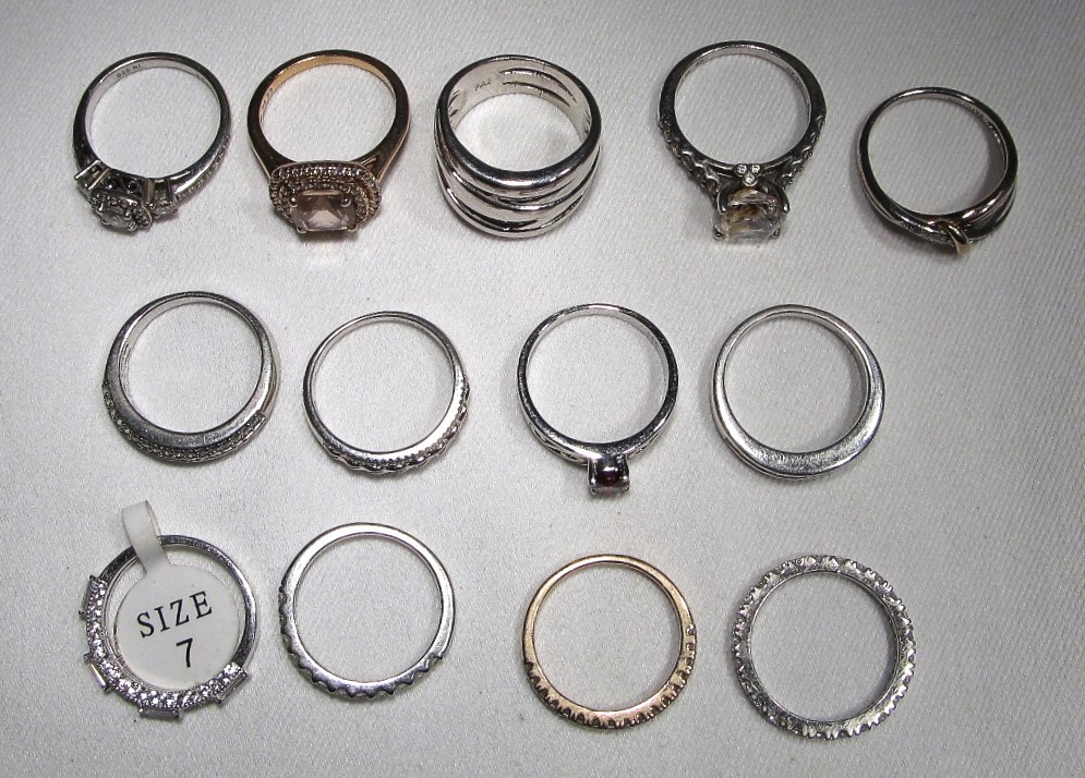 Lot of 13 Rhinestone Fashion Rings All Size 7 C3510