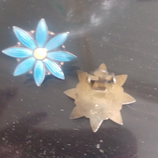 Vintage Sterling Silver 925 S Blue Enamel Daisy Flower Clip Earrings Hallmarked