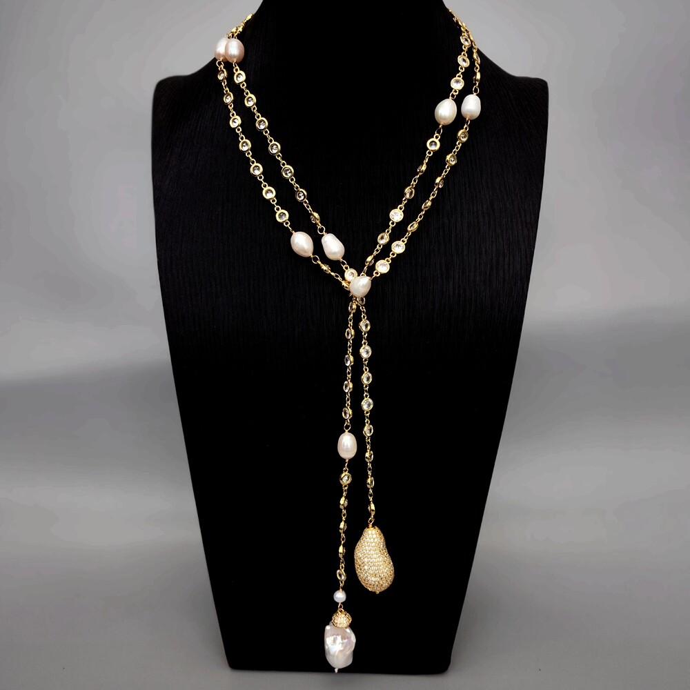 47″ 7mm White Baroque Pearl Cz Pave Rosary Chain Loop Long Necklace