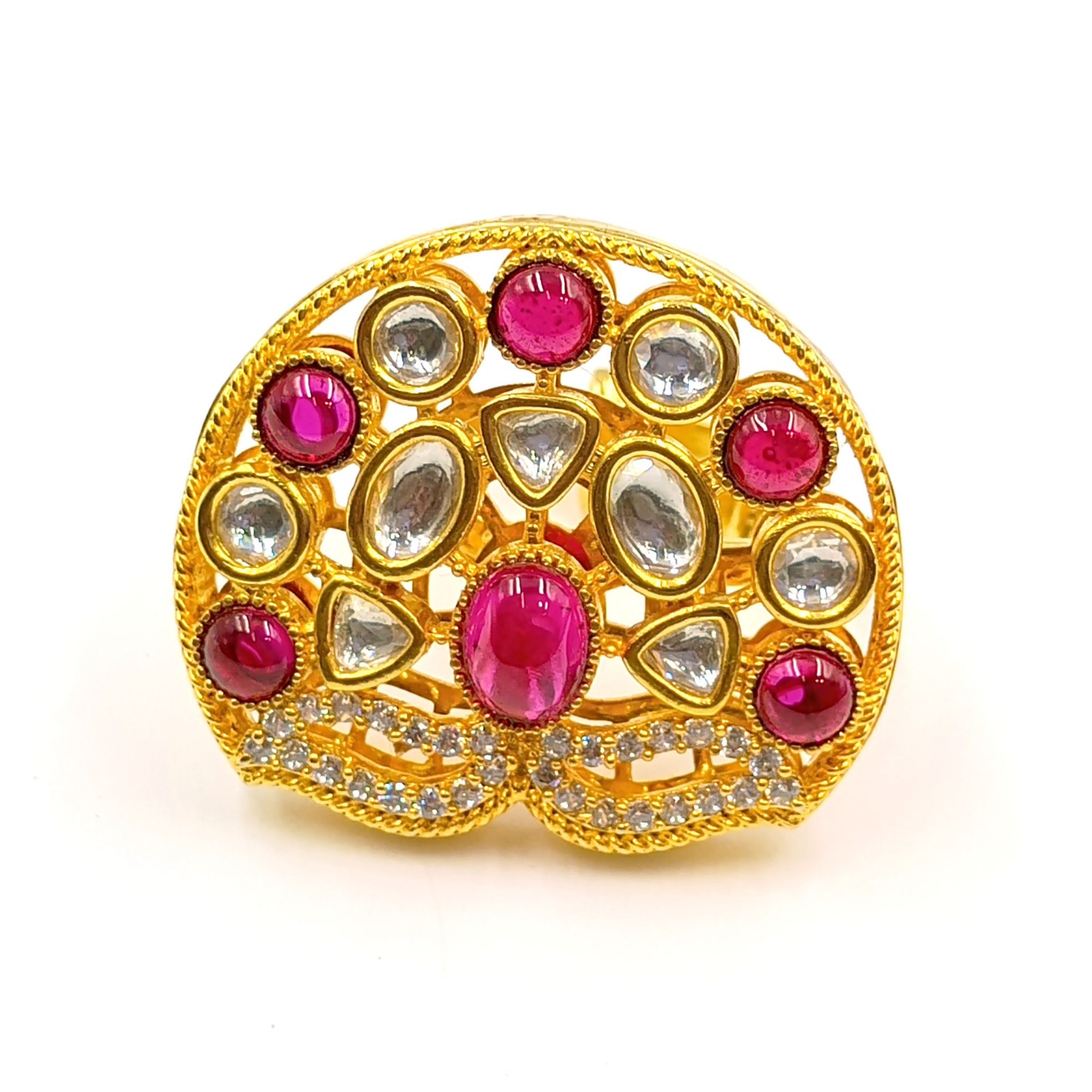 Traditional Indian Kundan Polki Ring Ruby Stone 22k Gold Plated Adjustable Band