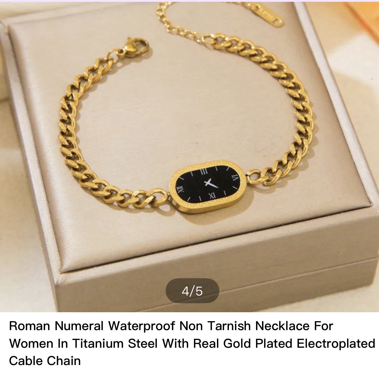 Gold Plated Titanium Curb Link Bracelet Roman Numeral Oval Charm Gold/Black