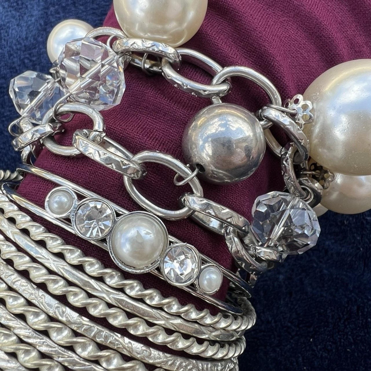 Silver-Tone Bracelet set of 11, Faux Pearls & Clear Crystals Stackable