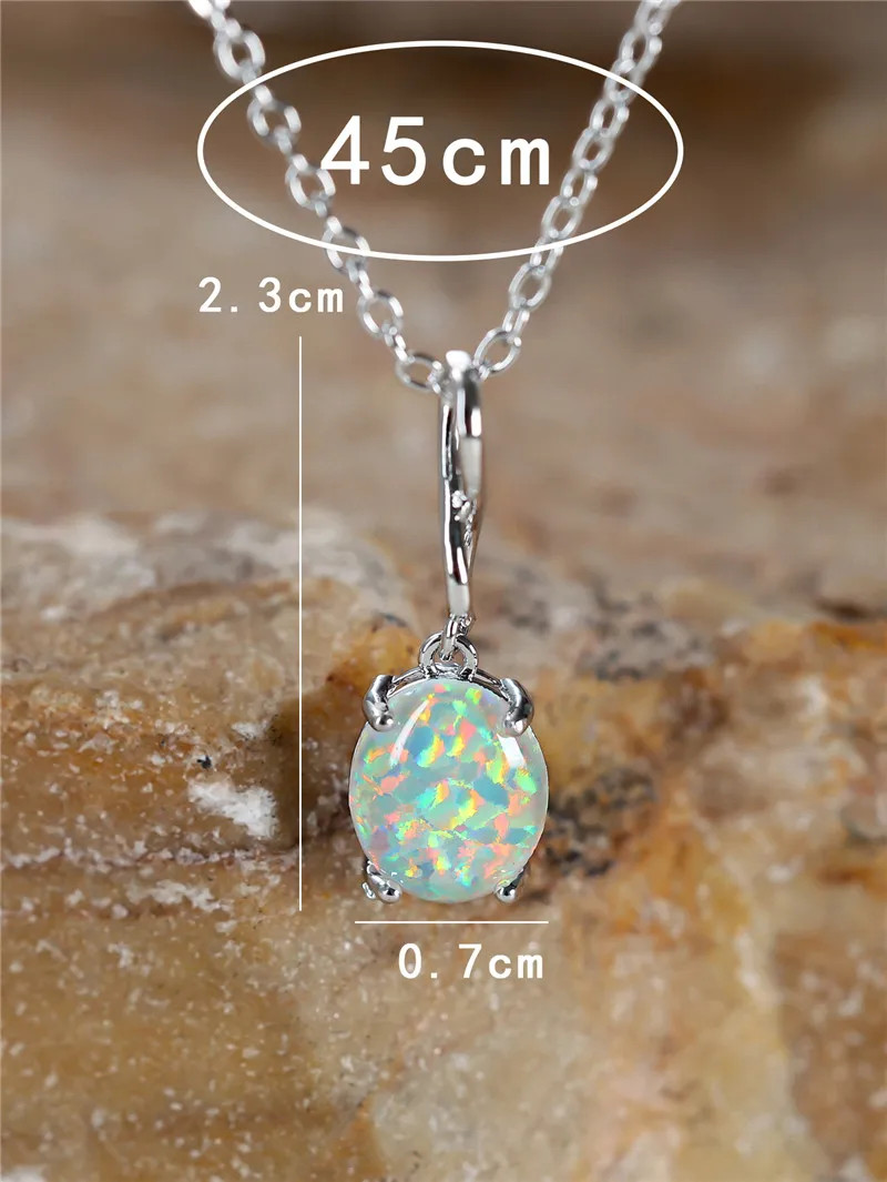 Boho Female Small White Fire Opal Stone Oval Pendant Necklace Silver Color Weddi