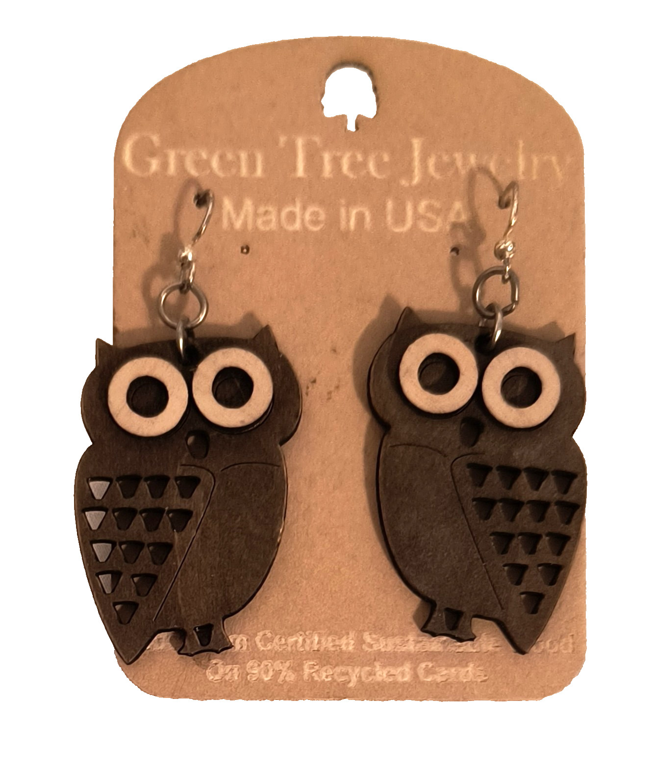 New with Tags Green Tea Jewelry Earrings Laser Cut Brown/Beige Owls Hook Closure