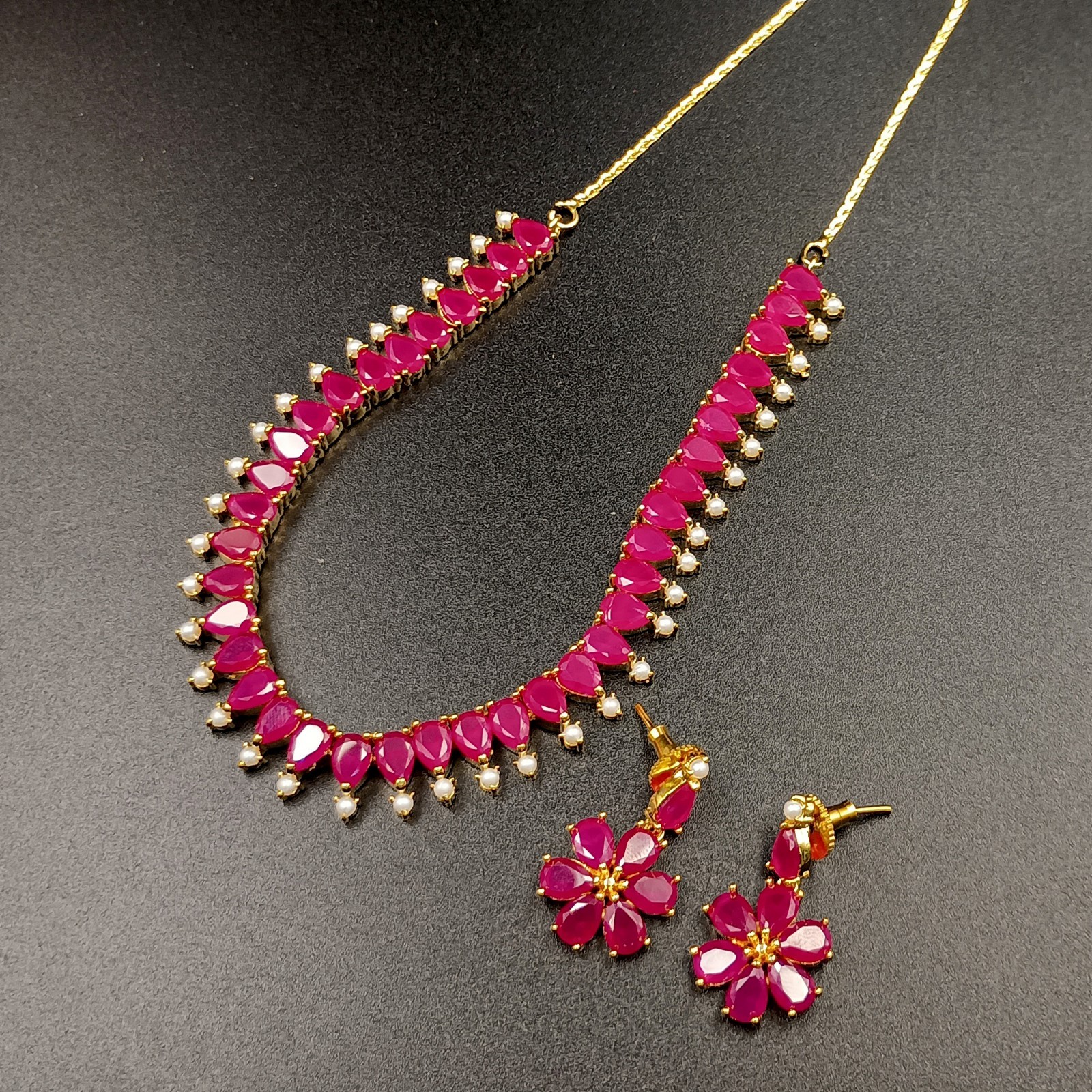 Ruby Pearl Necklace Set 22K Gold Plated Red Gemstone Anniversary Gift her