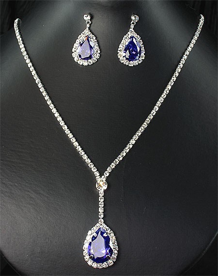 Stunning Purple tear drop crystal rhinestone necklace set bridal other S126