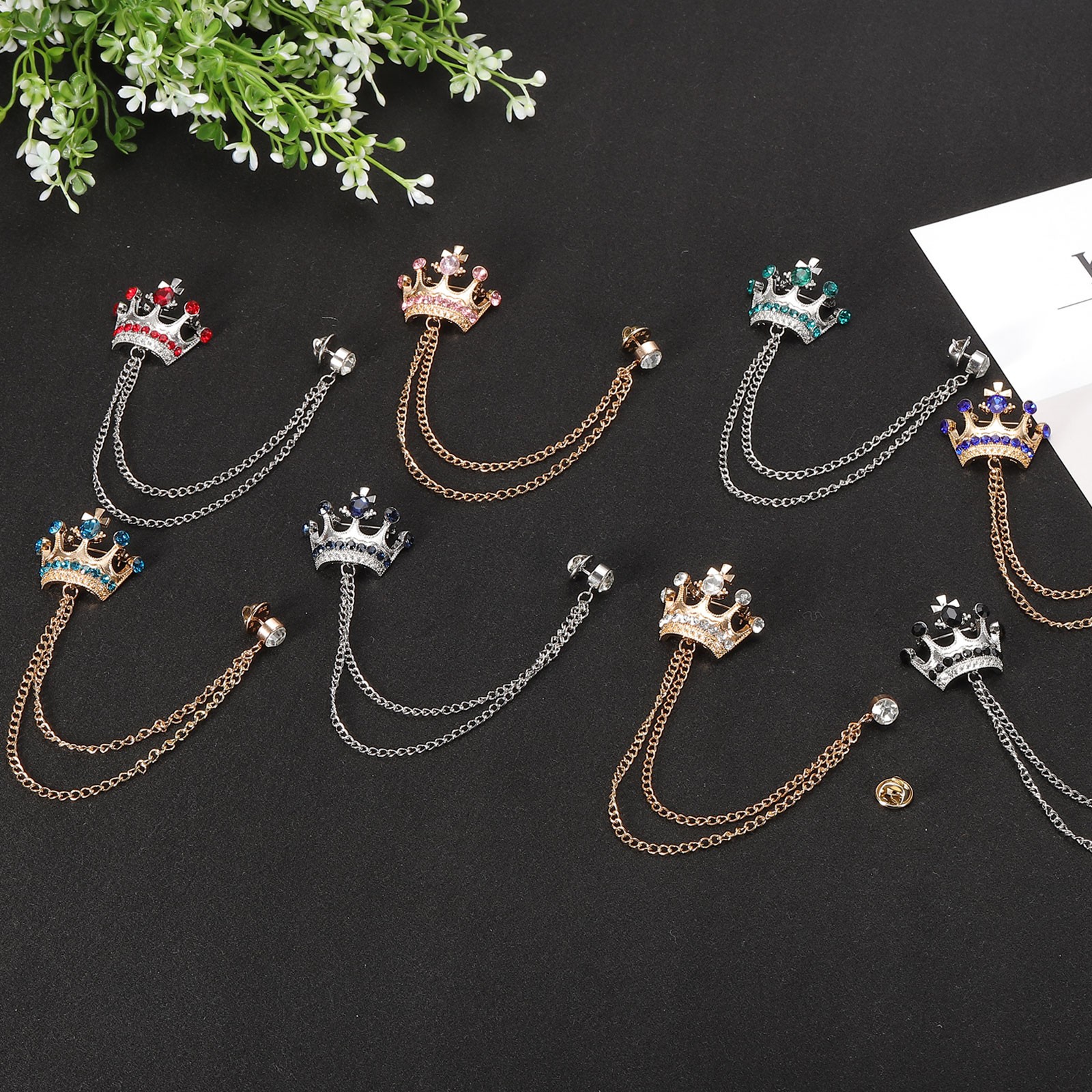 Crown Hanging Chain Brooch Pins Rhinestone Suit Pins Gold Tone White