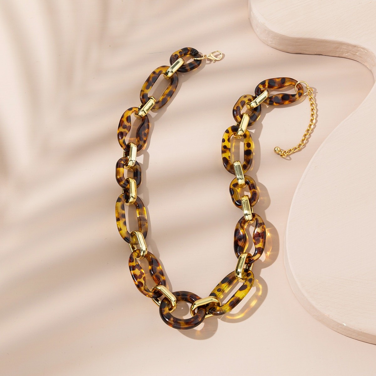Brown Leopard Print Oval Acrylic Card Necklace With KC Gold Plated Alloy