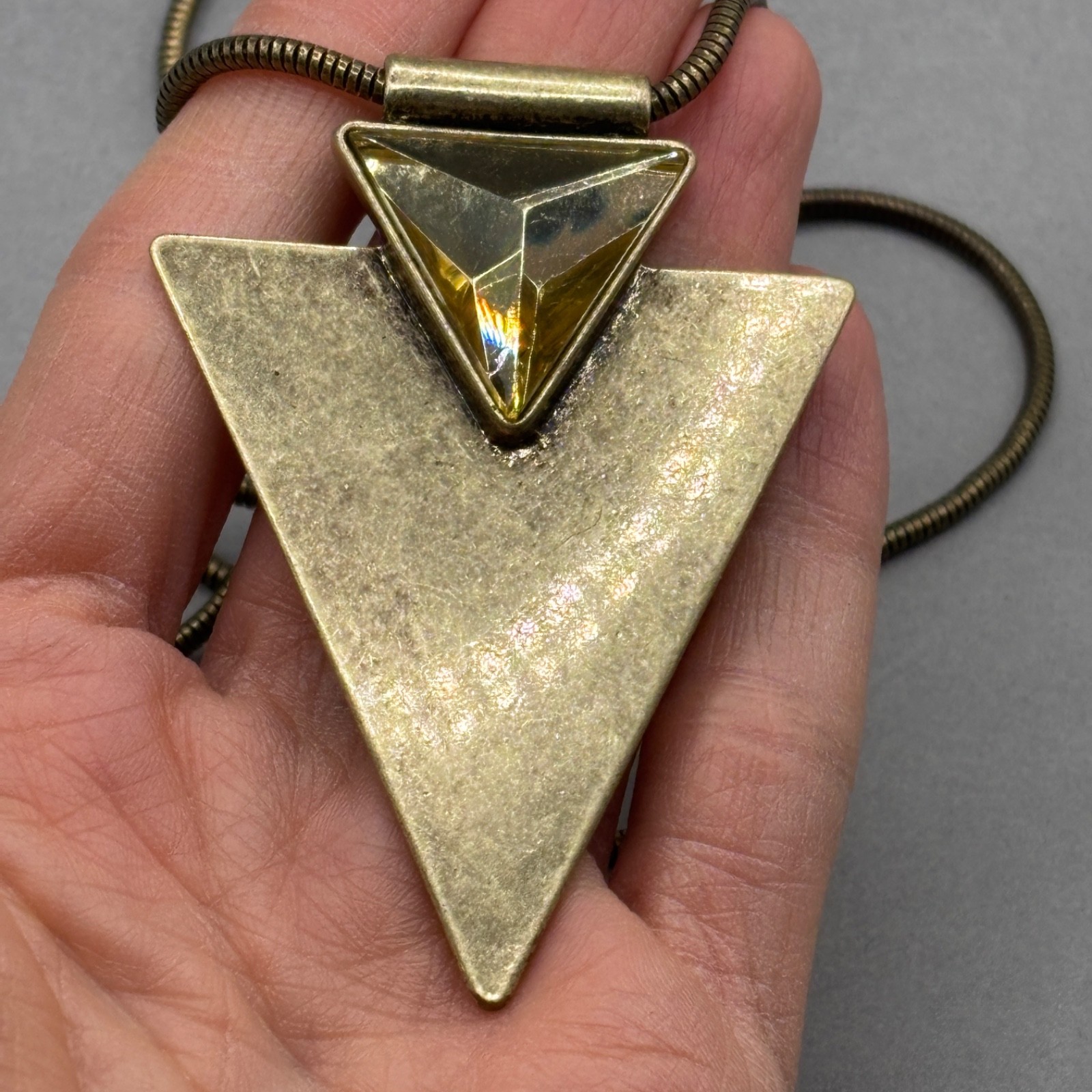Jenny Bird Triangle Necklace Distressed Look Pendant Rhinestone WEAR TO CHAIN