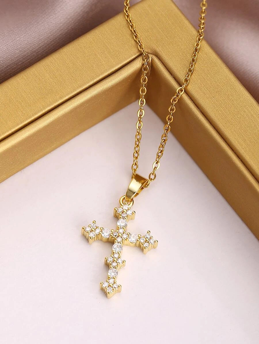 YELLOW GOLD COLOR CZ CROSS PENDANT NECKLACE STAINLESS STEEL WOMEN GIFT USA