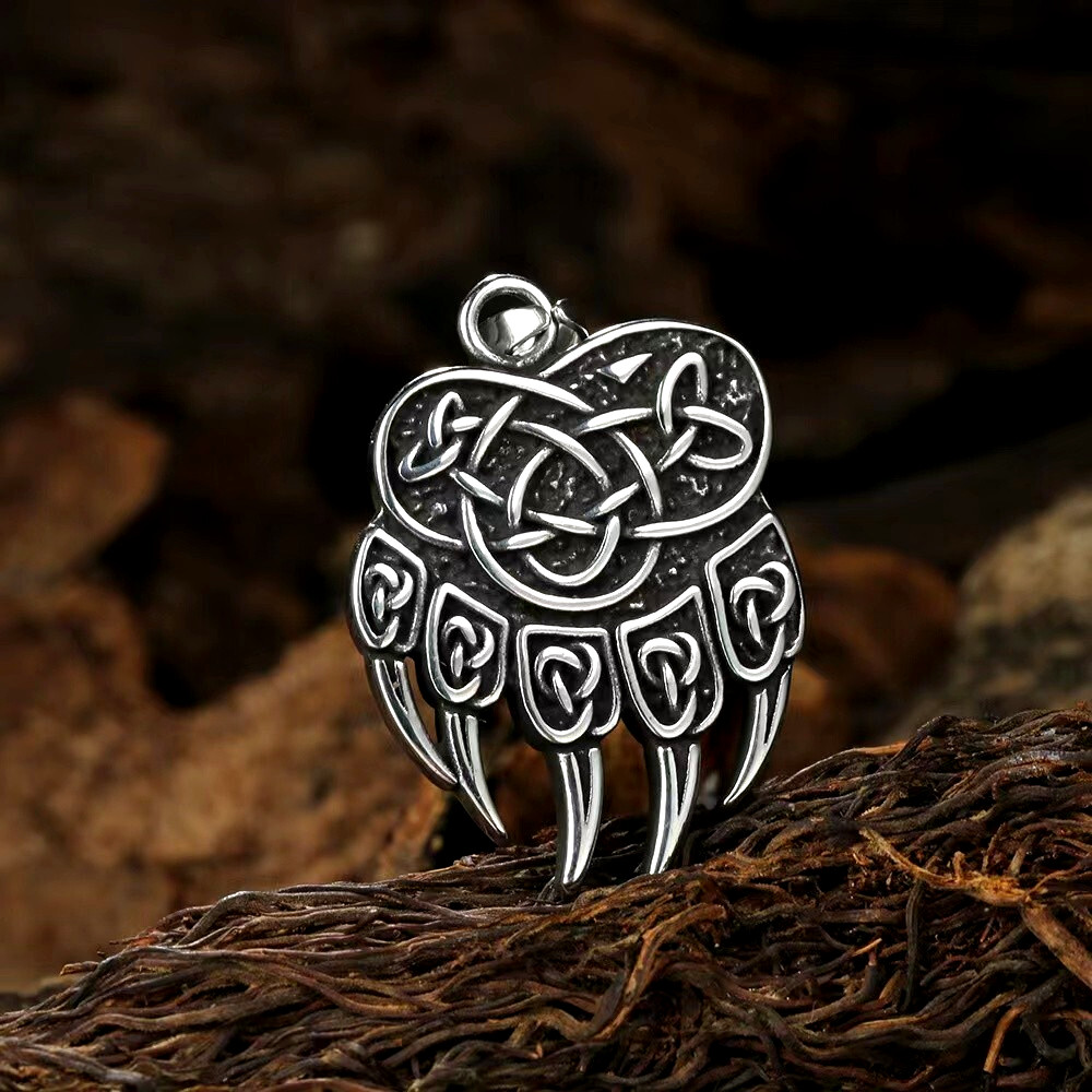 Silver Bear Paw w. Celtic Knot Pendant Necklace Chain Norse Viking Jewelry Gift