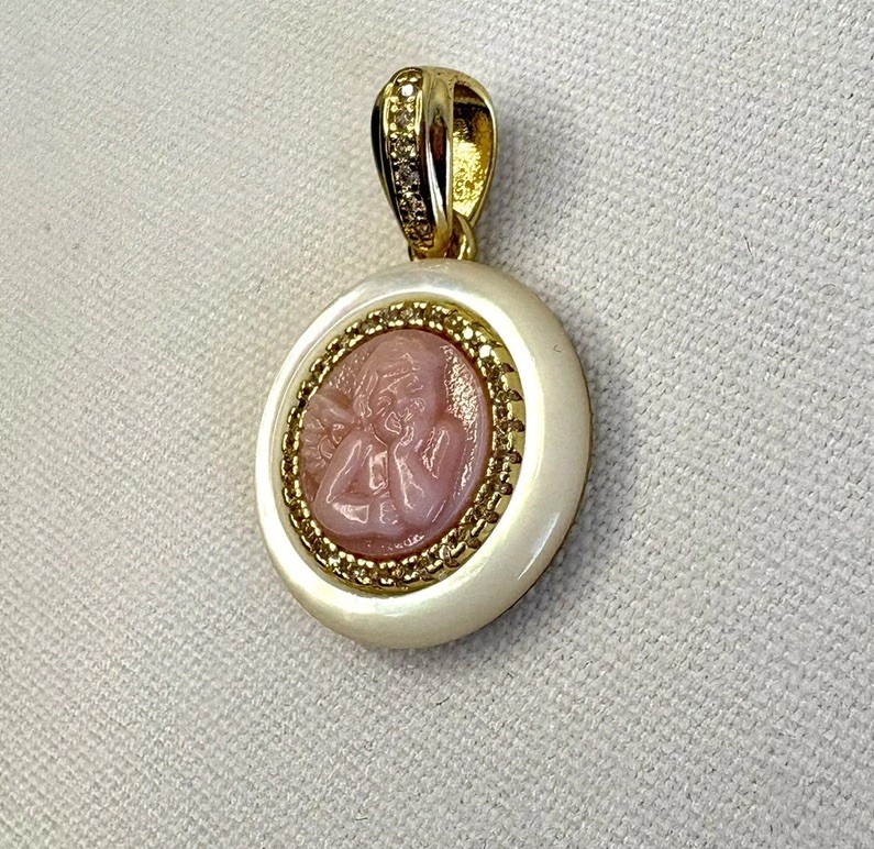 Angel Cameo Mother-of-Pearl Cubic Zirconia Gold Plated Pendant Pink Or Gray