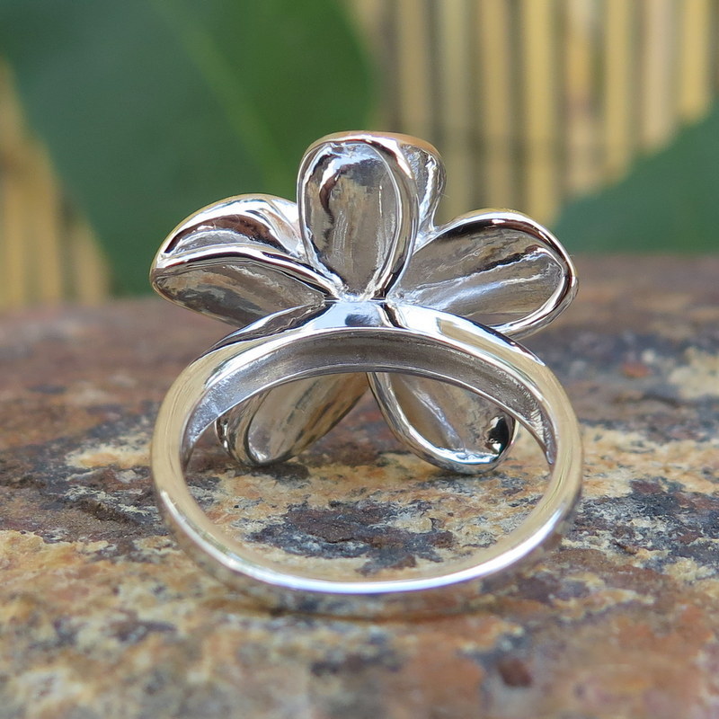 925 Silver Tri-color Gold Plumeria Flower CZ Wedding Ring Band 22mm #SR6268