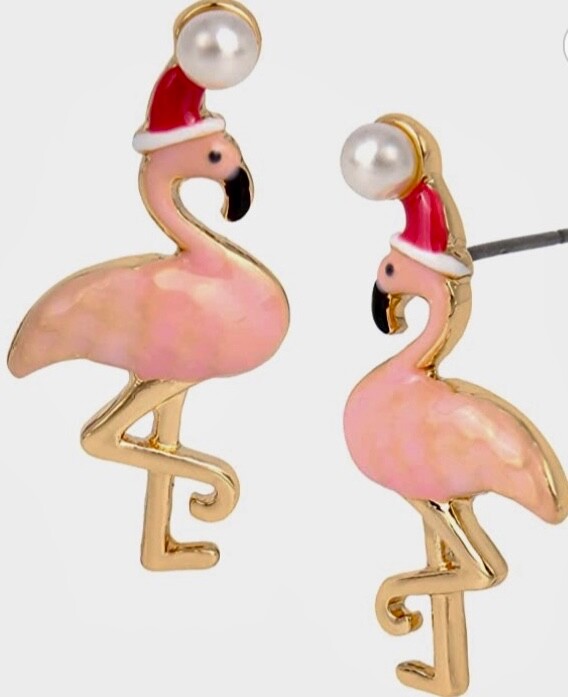 Betsey Johnson Signed Christmas Flamingo in Santa Hat Post Earrings NIB