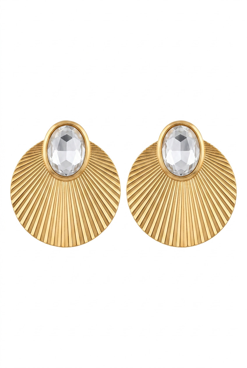 Vintage Gold Ribbed Fan Earrings with Clear Crystal