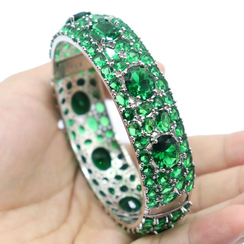 SheCrown 43g Green Emerald Women Dating Silver Bangle Bracelet 7.5″