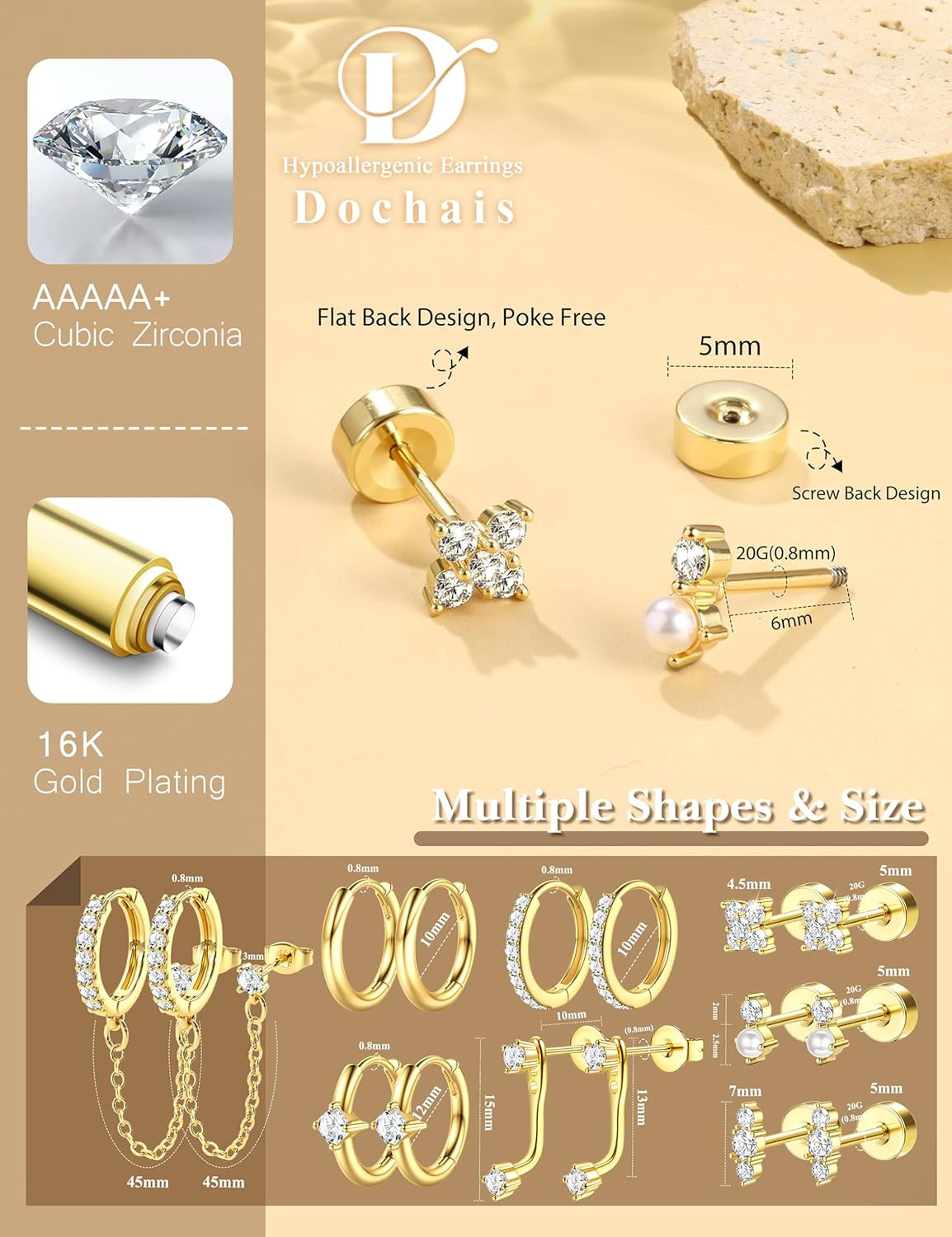Hypoallergenic Flatback Stud Hoop 14K Gold Plated Earrings Stacks – Surgical Sta