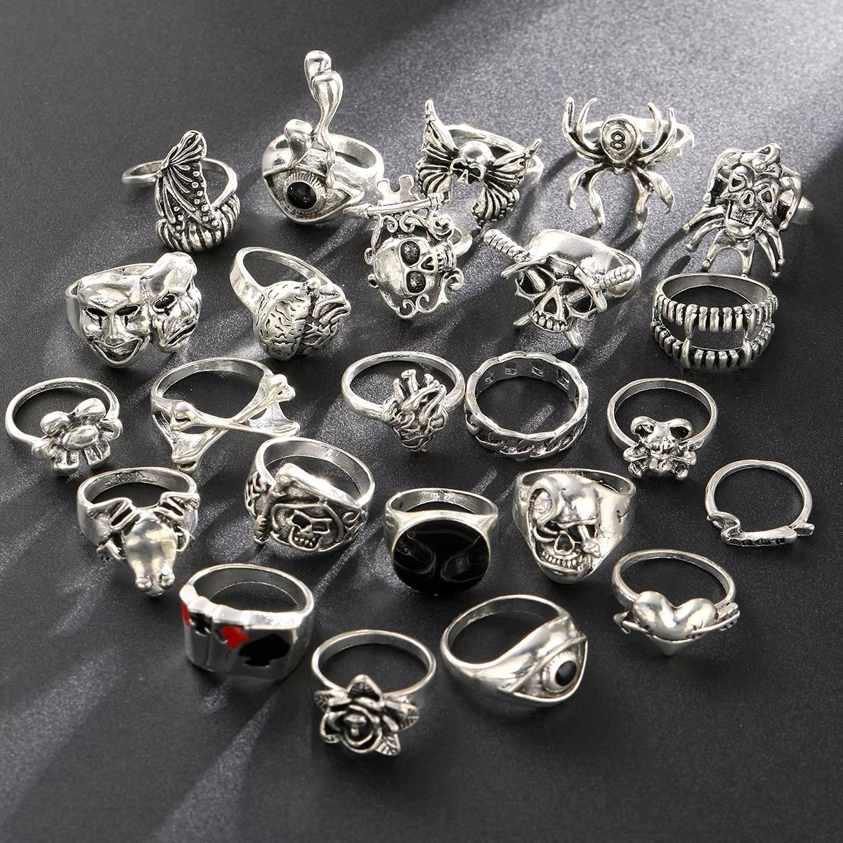24pcs Gothic Skeleton Ring Set Punk Grunge Unisex Street Jewelry Gift Free Ships
